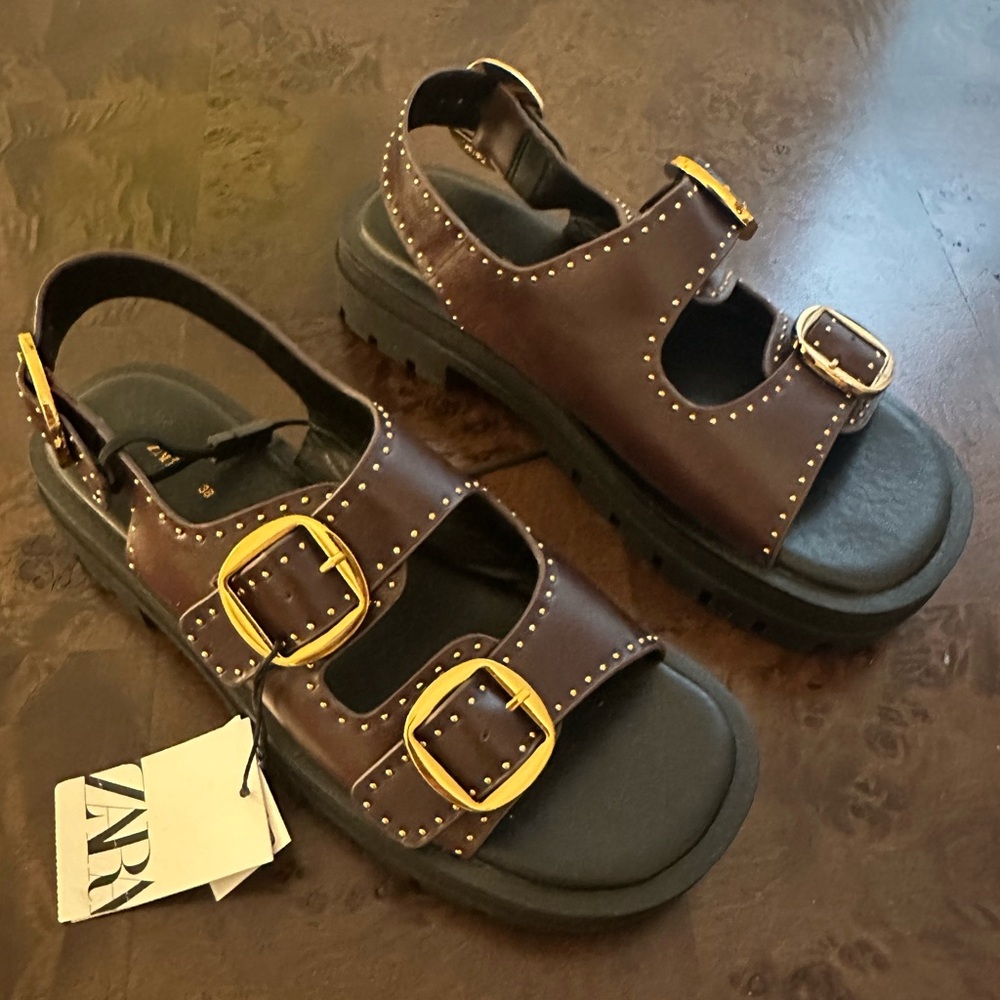 Zara Brown Leather Studded Sandals size 38/7.5